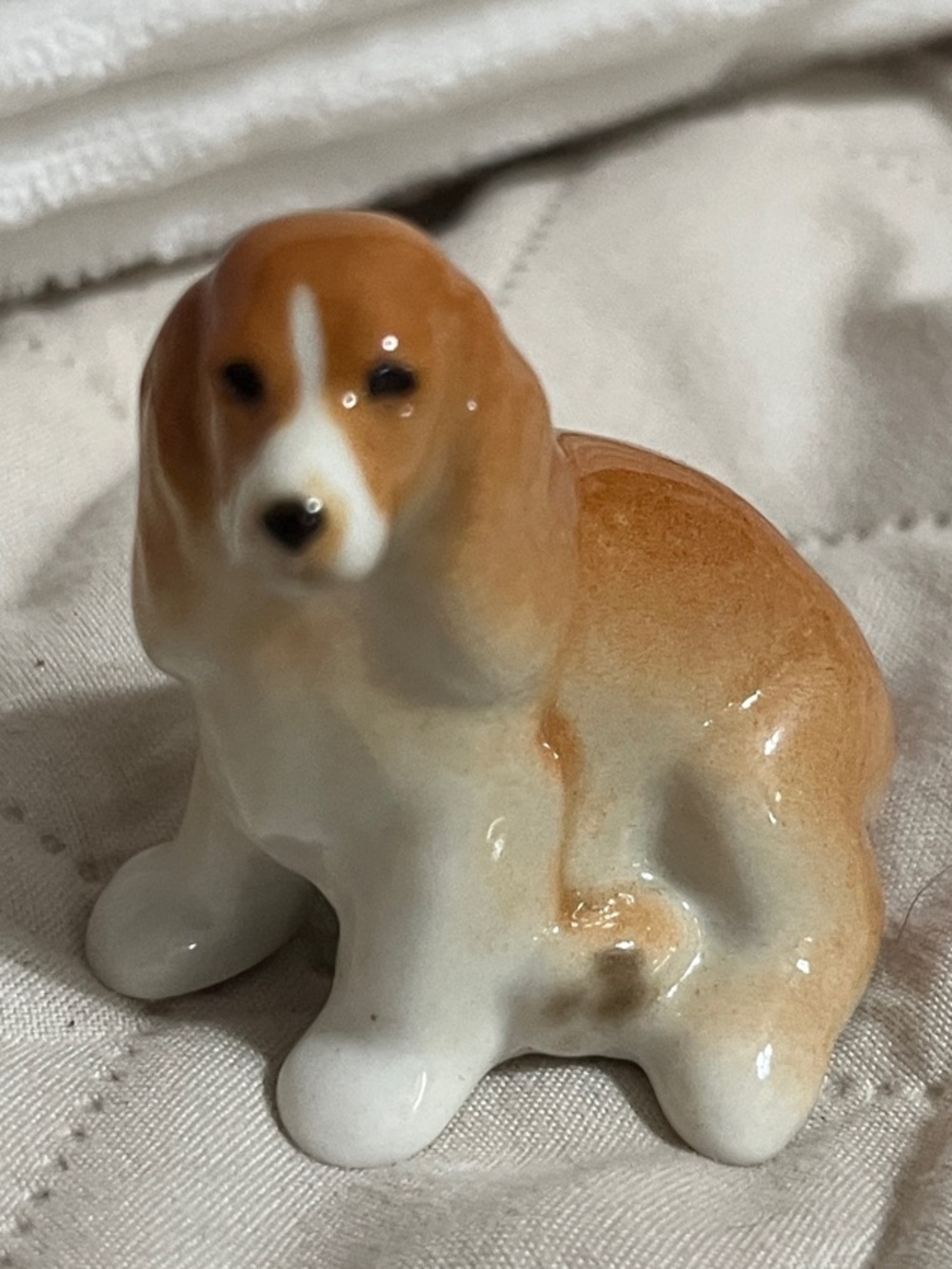 porcelain Lomonosov Spaniel Figurine in White and Brown- Miniature